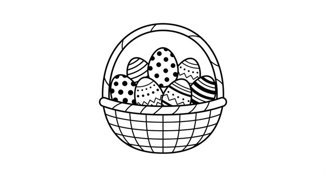 Easter basket with decorated eggs, black and white line art illustration.