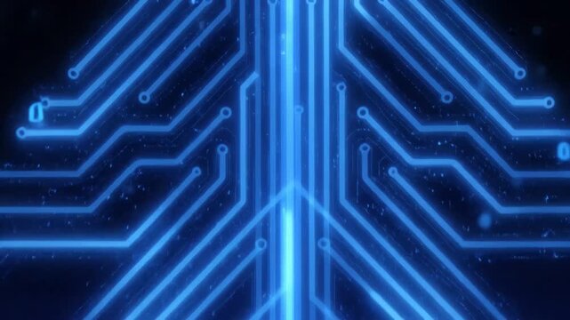 Digital Christmas tree made of circuits glows with binary code on dark background motion.