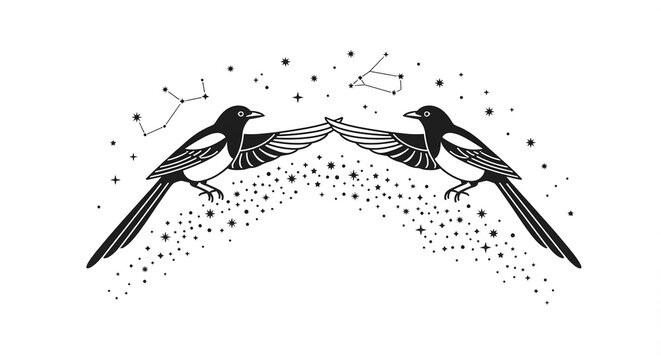 Two magpies touching wings with celestial stars and constellations in a mystical design