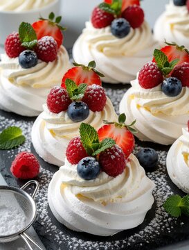 Mini pavlovas topped with whipped cream and fresh berries sit on a dark board. Strawberries raspberries and blueberries create a vibrant fruit medley garnish.