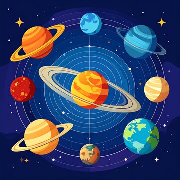 Solar system with planets and asteroids orbiting in space.