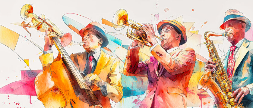 Vibrant jazz melodies unite musicians in a colorful celebration of sound at a lively urban venue