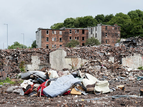 Tenement flats during demolition in poor housing area in Port Glasgow
