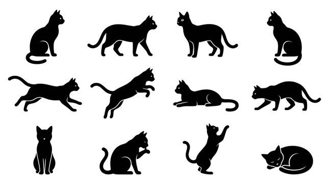 Black cat silhouettes set running sitting stretched halloween isolated
