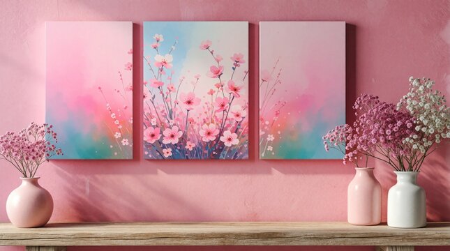 Three canvas art pieces with floral watercolor designs hang on a pink wall. Delicate pink flowers and sprigs in vases sit on a wooden shelf below.