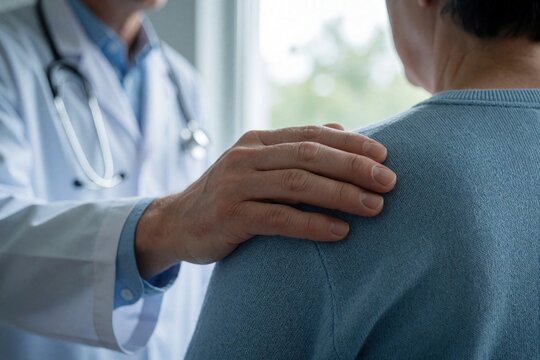 Doctor places hand on patient shoulder offering support. Medical pro shows care and empathy during consultation. Person receives comfort and understanding.