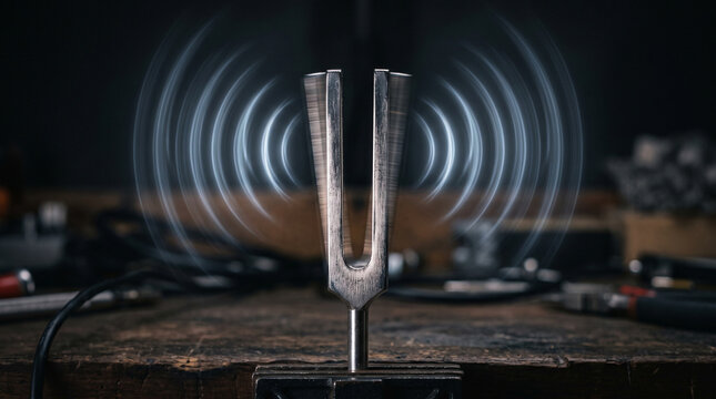 Metallic tuning fork vibrates on workbench with blue waves.