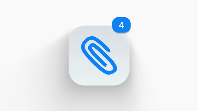 Paper clip attachment app icon featuring animated notification badge with counter 1 to 99, dynamic shadow effect, minimalist file attach concept, on white background. 