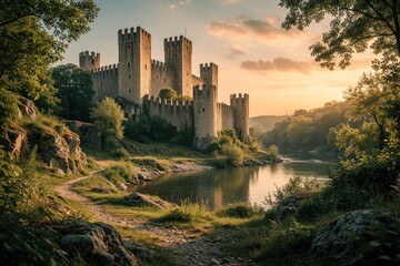 Fototapeta premium Ancient medieval castle with tall stone towers stands by calm riverbank. Green trees, rocky hills surround fortress at sunset. Golden light shines over historic architecture, peaceful water landscape