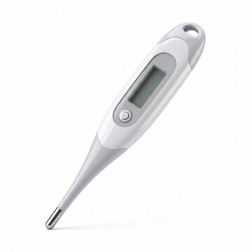 White digital medical thermometer features sleek ergonomic design for precise body temperature measurement during home health monitoring.