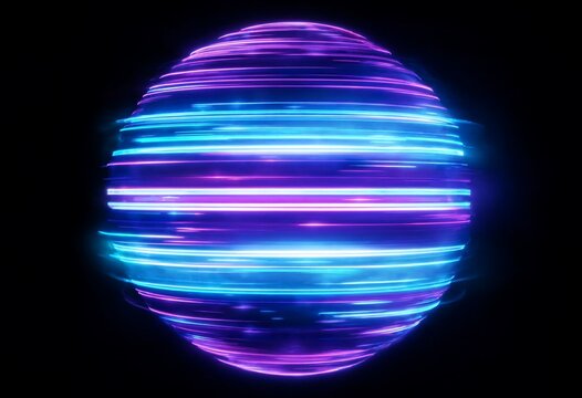 Abstract glowing sphere made of rapidly spinning neon blue and purple light beams creating a futuristic digital planet effect on dark background