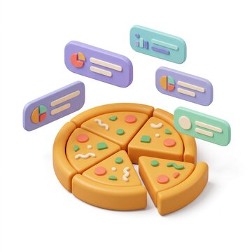 Pizza slices arranged in a circle with floating colorful speech bubbles containing charts and graphs, symbolizing data analysis or food delivery.
