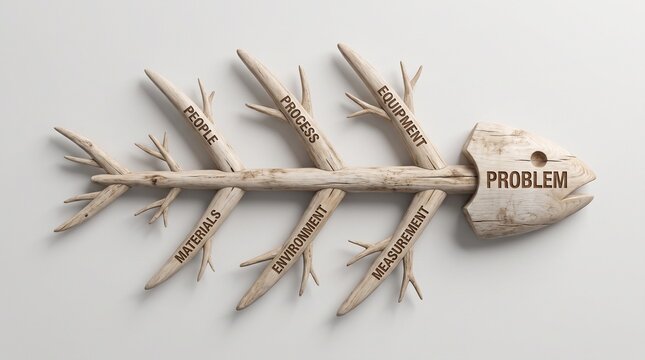 Wooden fishbone Ishikawa diagram model on a white background, representing root cause analysis and quality management concept