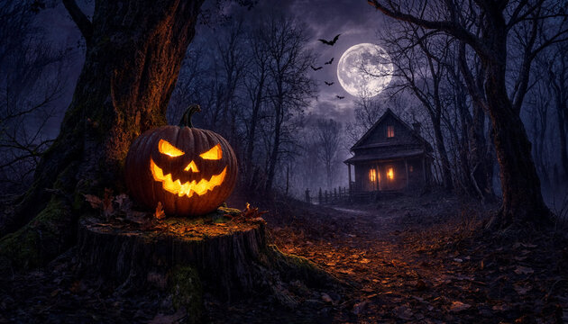 Spooky halloween scene with a glowing jack o lantern in a dark forest with a haunted house background