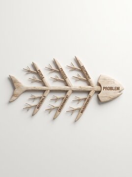 Wooden fish skeleton model representing the Ishikawa fishbone diagram concept for root cause analysis and quality management, studio shot on white background