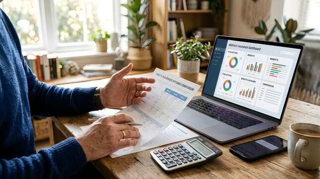Man comparing health insurance options at home office desk with laptop dashboard and calculator