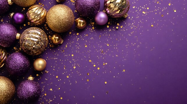 Glitzy purple and gold christmas baubles with pine cones on dark purple background for holiday festive invitation templates.