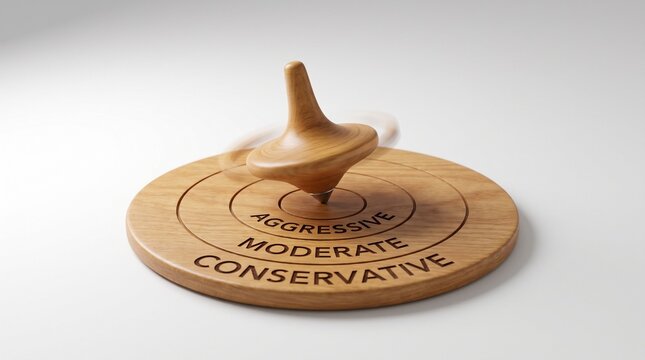 Wooden spinning top spinning on a target board with aggressive, moderate, and conservative rings, representing risk appetite and tolerance concept in corporate decision making