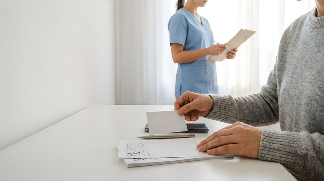 Patient handing prescription card to healthcare provider in clinical setting with medical forms