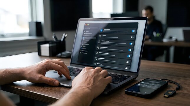 Person configuring security settings on laptop with smartphone and usb key nearby in modern office
