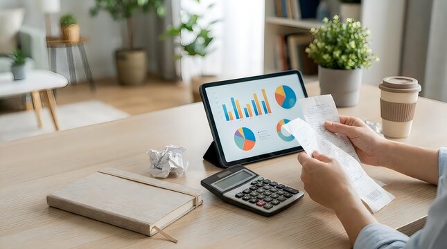 Person hands reviewing receipt with tablet showing financial charts and calculator on wooden desk