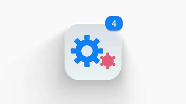 Connected double gears app icon featuring animated notification badge with counter 1 to 99, dynamic shadow effect, minimalist system settings setup concept, on white background. 