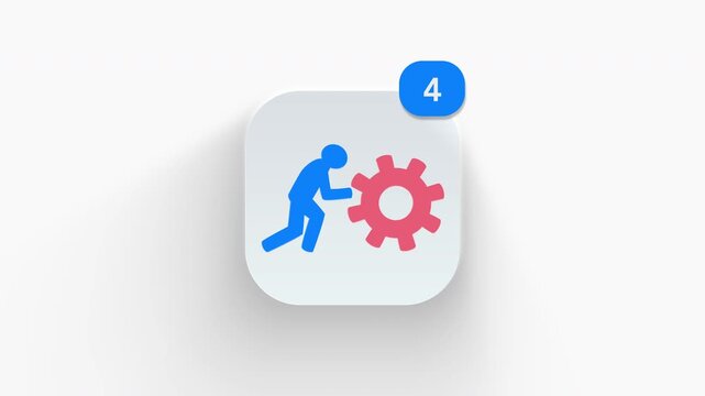 Pushing heavy gear person app icon featuring animated notification badge with counter 1 to 99, dynamic shadow effect, minimalist hard work effort concept, on white background. 