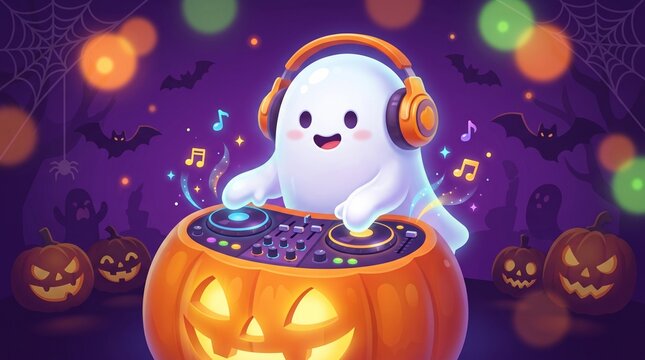 Cute ghost DJ playing music on pumpkin turntables, Halloween party illustration with spooky bats and glowing bokeh lights