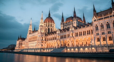 Naklejka premium Grand architecture illuminated on a riverbank against a twilight sky