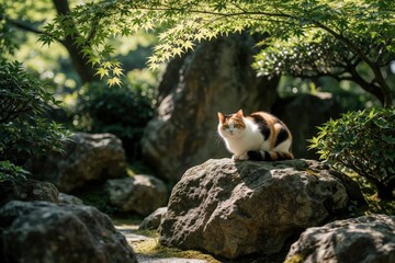Fototapeta premium Calico cat sits on large rock in Japanese zen garden, surrounded by lush plants and trees. Sunlight filters through leaves, creating peaceful natural scene.