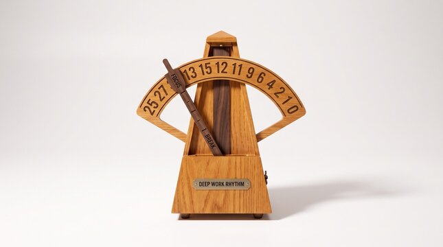 Wooden metronome device with deep work rhythm plaque on white background, representing the Pomodoro Technique and productivity management concept