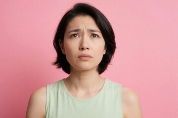 Fototapeta premium Young woman frowns looking up with worried expression, biting her lip. Female has concerned face, troubled thoughts, deep thinking, negative emotion, indoor studio shot.