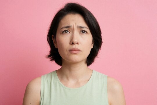 Young woman frowns looking up with worried expression, biting her lip. Female has concerned face, troubled thoughts, deep thinking, negative emotion, indoor studio shot.