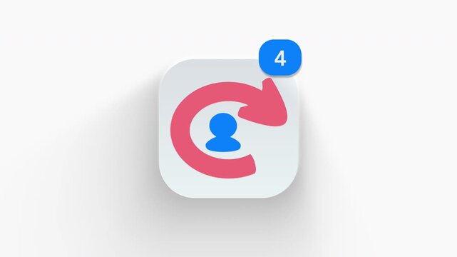 User cycle arrow person app icon featuring animated notification badge with counter 1 to 99, dynamic shadow effect, minimalist profile update reload concept, on white background. 