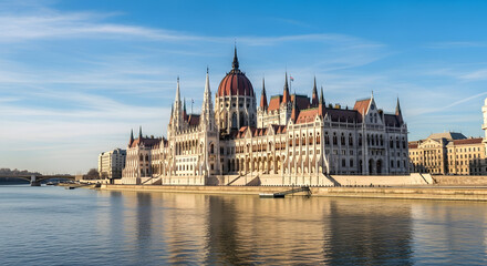 Fototapeta premium Grand building reflected in water under clear sky architectural details