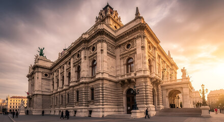 Naklejka premium Grand building exterior under cloudy sky at sunset architectural details