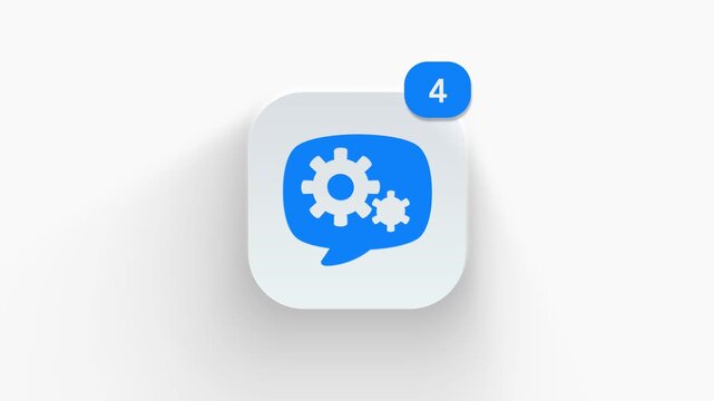 Speech bubble gear chat app icon featuring animated notification badge with counter 1 to 99, dynamic shadow effect, minimalist technical support concept, on white background. 