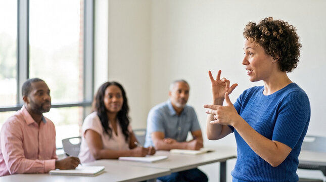 Female teacher explaining sign language to adult students. Woman demonstrating hand gestures in a bright classroom with diverse learners taking notes. Inclusive education and accessibility training