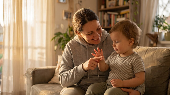 Smiling mother teaching her toddler sign language at home. Woman demonstrating hand gestures to child on couch in sunlit living room. Early childhood education and communication concept