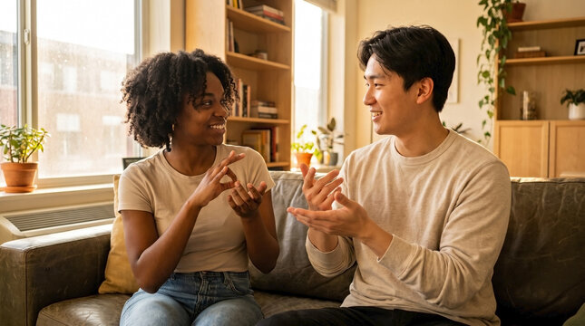 Diverse couple communicating in sign language on a living room couch. Happy African American woman and Asian man talking with hand gestures at home
