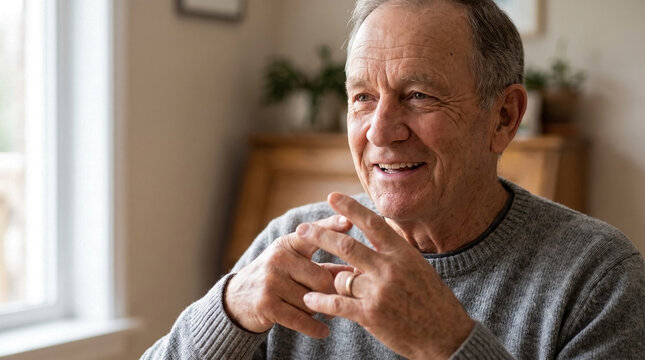 Smiling senior man communicating using sign language. Close up portrait of a happy elderly deaf male gesturing with his hands at home