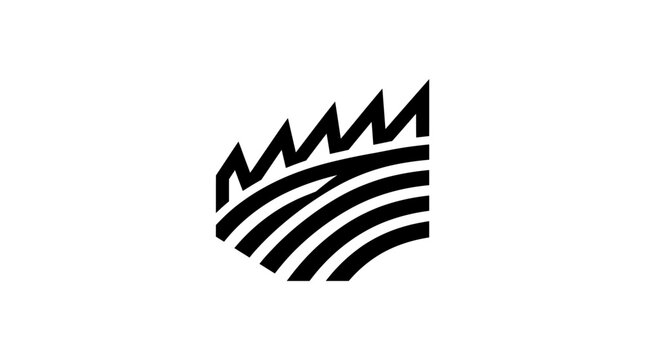 Abstract black and white logo featuring jagged peaks above curved parallel lines, suggesting a stylized landscape or industrial design.