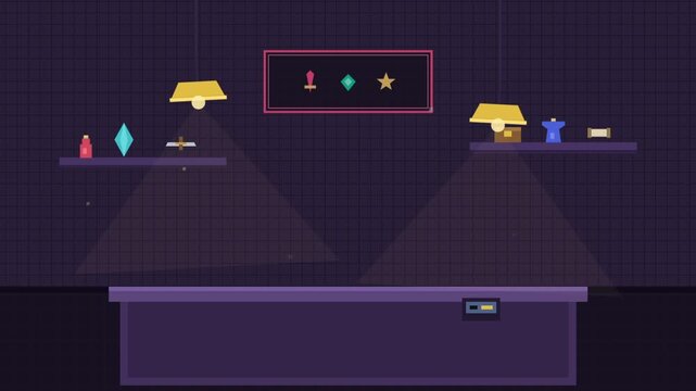 Purple stage with desk lights in a video.