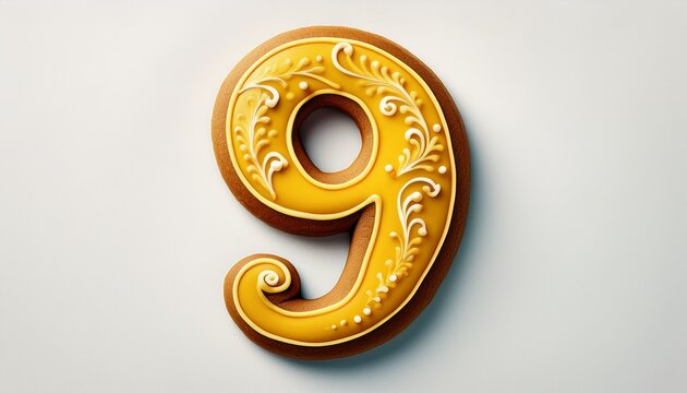 gingerbread cookie shaped as a number nine with bright yellow icing isolated white background image