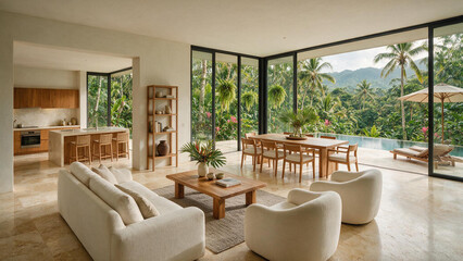Fototapeta premium Modern Tropical Living Room with Floor to Ceiling Windows