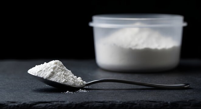 Stainless Steel Spoon with Powder on Dark Slate Texture