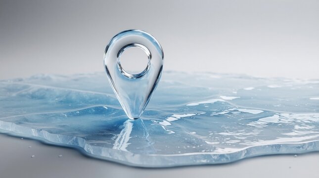 Transparent glass map pin stands on cool blue ice surface. Clear location marker rests on abstract frozen water body. Minimalist design hints at navigation precision.