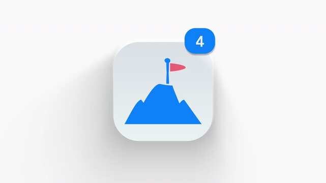 Mountain peak target flag app icon featuring animated notification badge with counter 1 to 99, dynamic shadow effect, minimalist top achievement concept, on white background. 