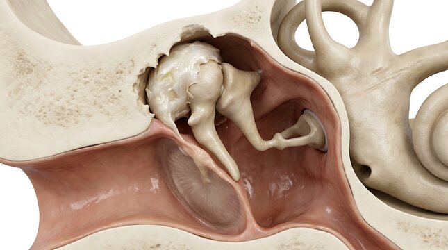 3D medical render of a cholesteatoma growth in the attic area of the human middle ear displacing the ossicles and damaging the surrounding bone structure