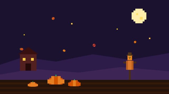 Animated Pixel Night Scene with Pumpkins and Moon.
